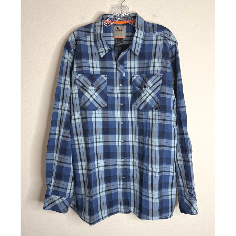 5.11 Tactical Shirt Mens Large Blue Plaid Long Sleeve Snap Front Utility Work